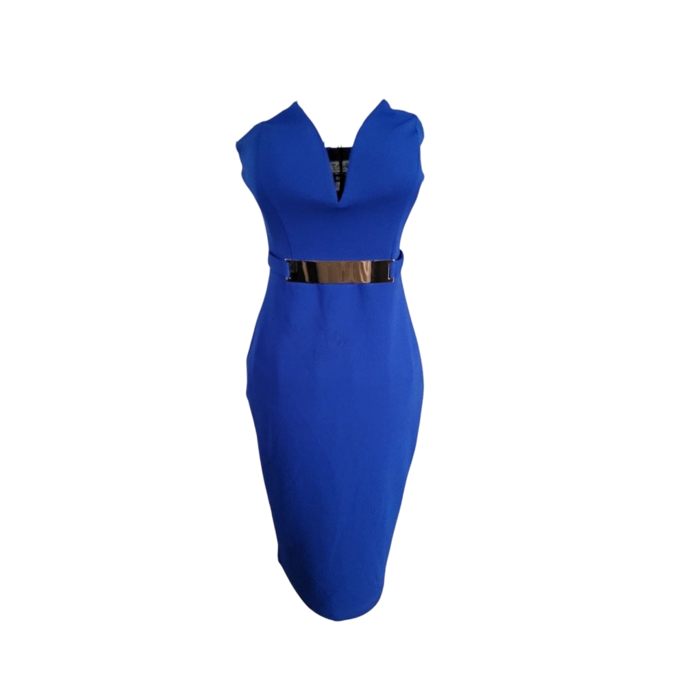 Celine Blue Sheath Dress Plunge Neckline Sleeveless